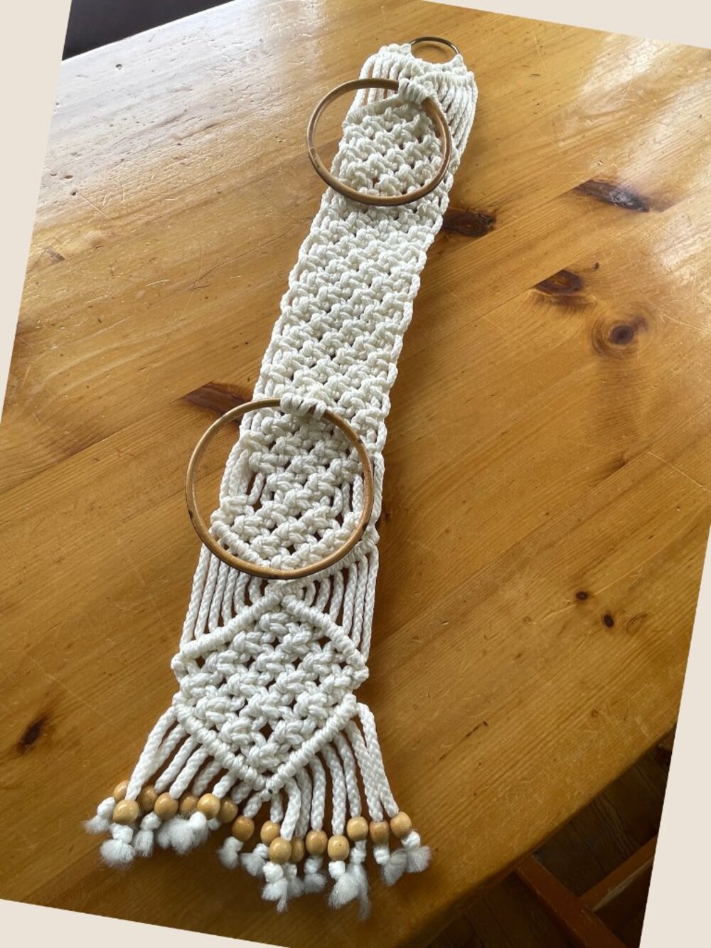 Vintage 70s macrame plant holder, yarn, wood and beads macrame, suspended double